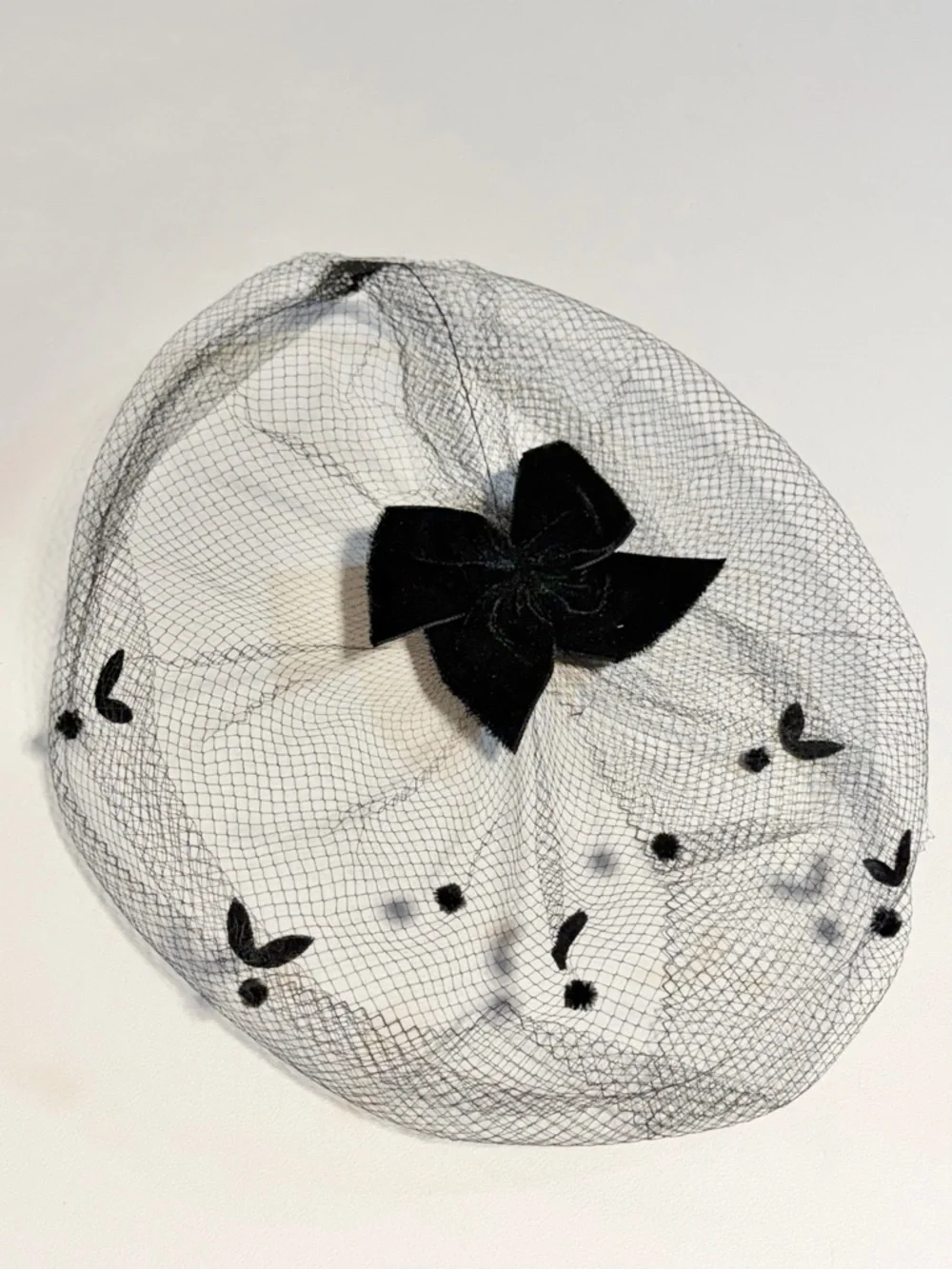 VINTAGE MCM mid century mesh net veil black velvet bow floral face hair cover - Picture 5 of 7